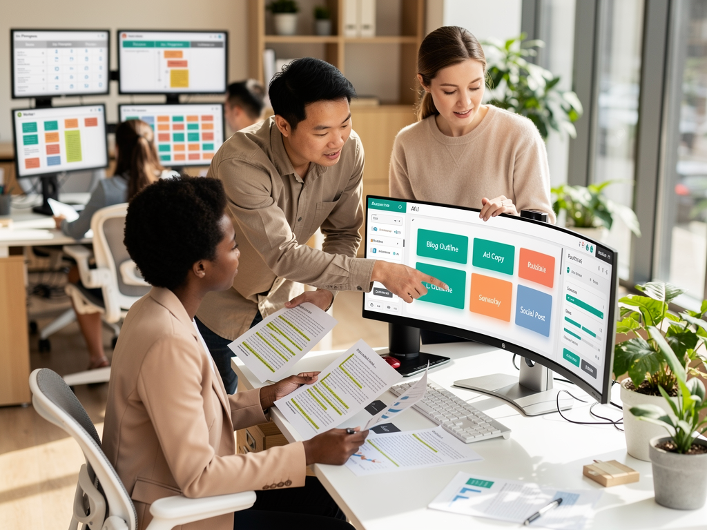 Modern marketing team workspace showing multiple computer screens displaying AI content generation interfaces, collaborative environment with team members reviewing content drafts, bright office lighting with clean minimalist design aesthetic