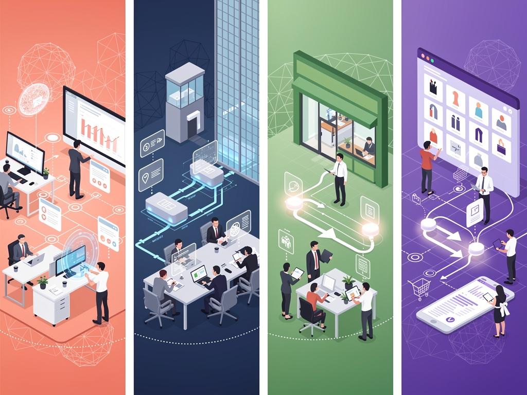 A segmented illustration showing four different business types (agency, B2B company, small business, e-commerce) each with their unique AI content implementation workflow, displayed as parallel process diagrams with distinct visual styling for each segment