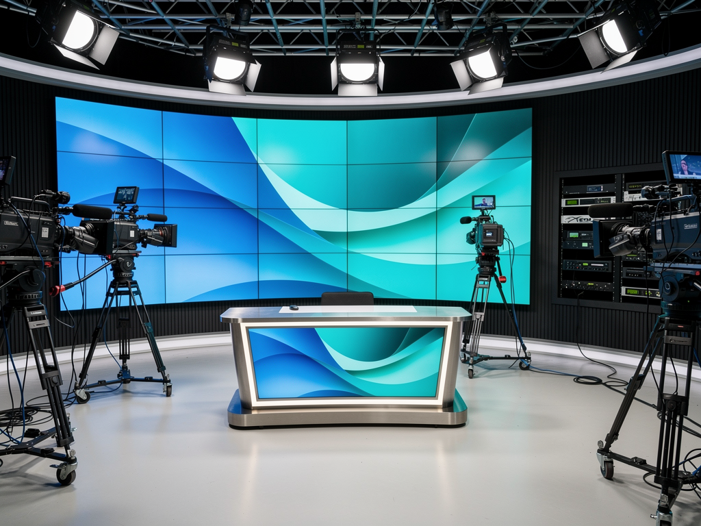 Corporate broadcast studio with presenter desk, multiple camera positions, large LED video wall displaying company branding, and visible production equipment including AV over IP encoders, professional lighting creating broadcast-quality illumination