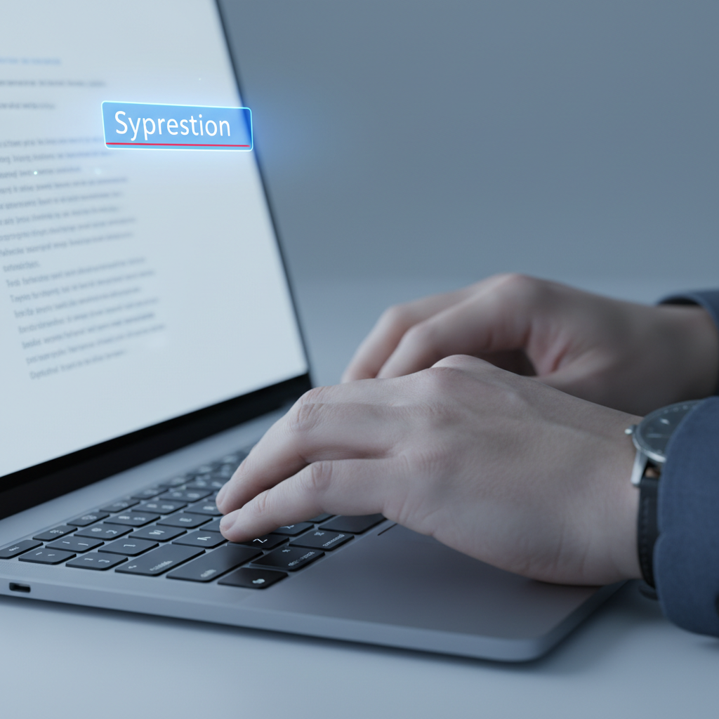 Close-up shot of a person's hands typing rapidly on a modern laptop keyboard, with a blurred screen displaying text being corrected in real-time by an autocorrect feature.