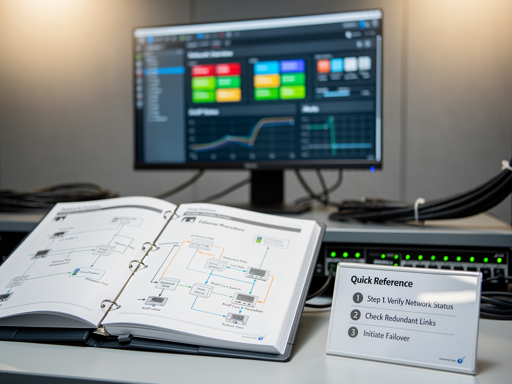 Operations manual binder open on desk showing network diagram and failover procedures, laminated quick reference card visible beside it, computer screen in background displaying system monitoring dashboard, organized technical workspace with good lighting