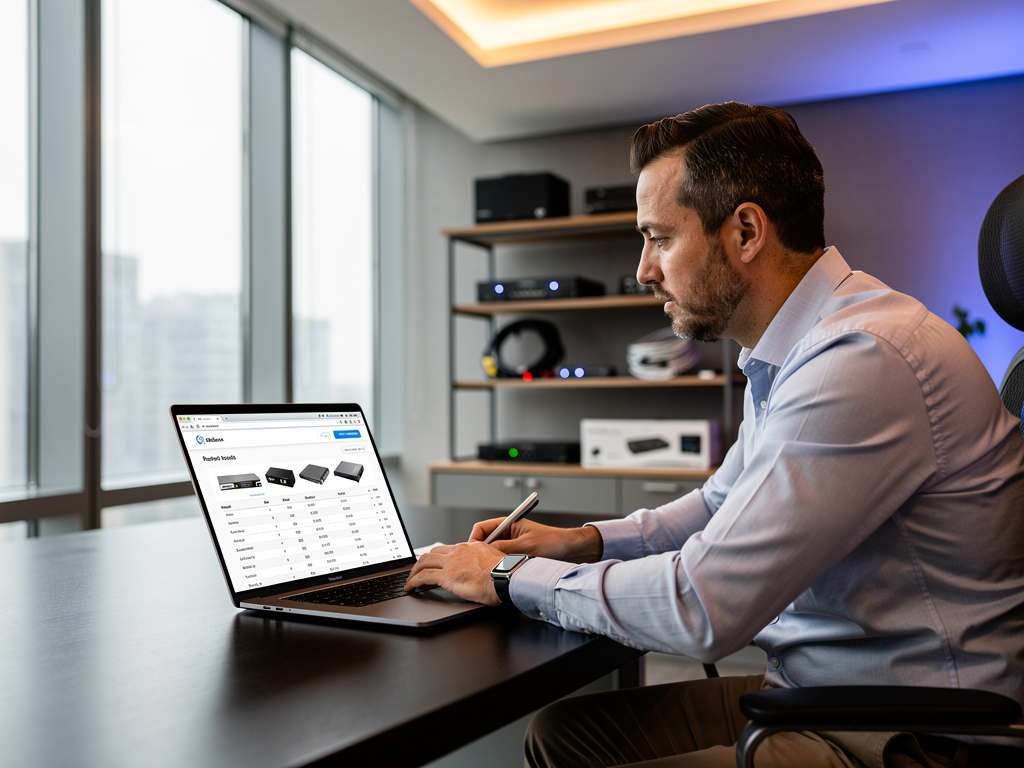 A professional AV integrator reviewing product specifications on a laptop, with the AVoIP Solutions Directory website visible on screen, sitting in a modern office with equipment samples on shelves