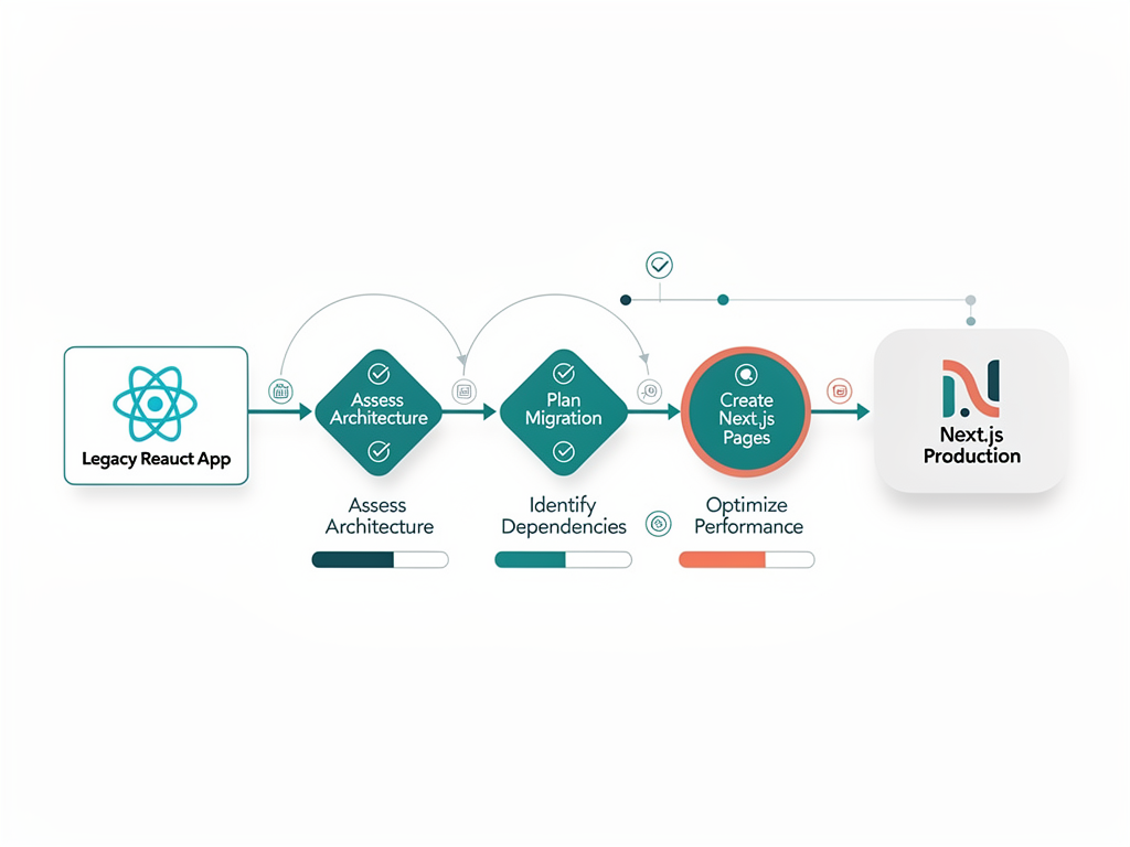 Flowchart diagram showing the incremental migration process from legacy React applications to Next.js, with icons representing different migration phases, decision points, and success metrics, styled as a clean infographic with connecting arrows and milestone markers