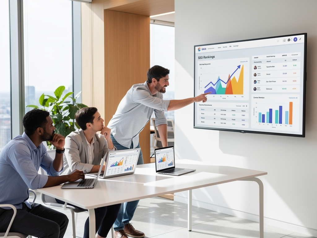 A digital marketing team gathered around a conference table reviewing content analytics dashboards on a large screen, with laptops open showing various SEO metrics and graphs, modern office setting with natural lighting through floor-to-ceiling windows, collaborative atmosphere with team members pointing at specific data points