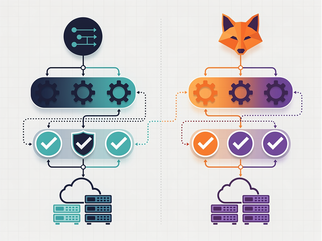 Detailed infographic showing CI/CD pipeline flow comparison between GitHub Actions and GitLab CI, with branching workflow diagrams, build stage icons, test execution indicators, and deployment target symbols, using clean vector graphics and a professional color palette