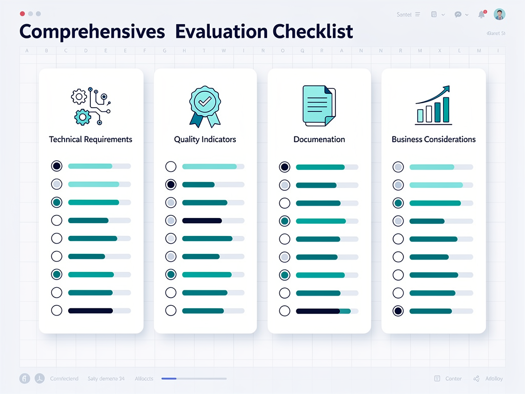 Comprehensive evaluation checklist infographic with scoring columns for technical requirements, quality indicators, documentation, and business considerations, displayed in clean spreadsheet-style data visualization format