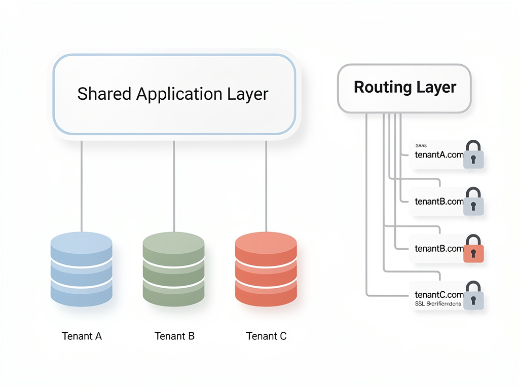 Technical architecture diagram showing multi-tenant SaaS structure with shared application layer, tenant-specific database schemas, custom domain routing, and SSL certificate management components, illustrated with boxes and connecting lines on white background