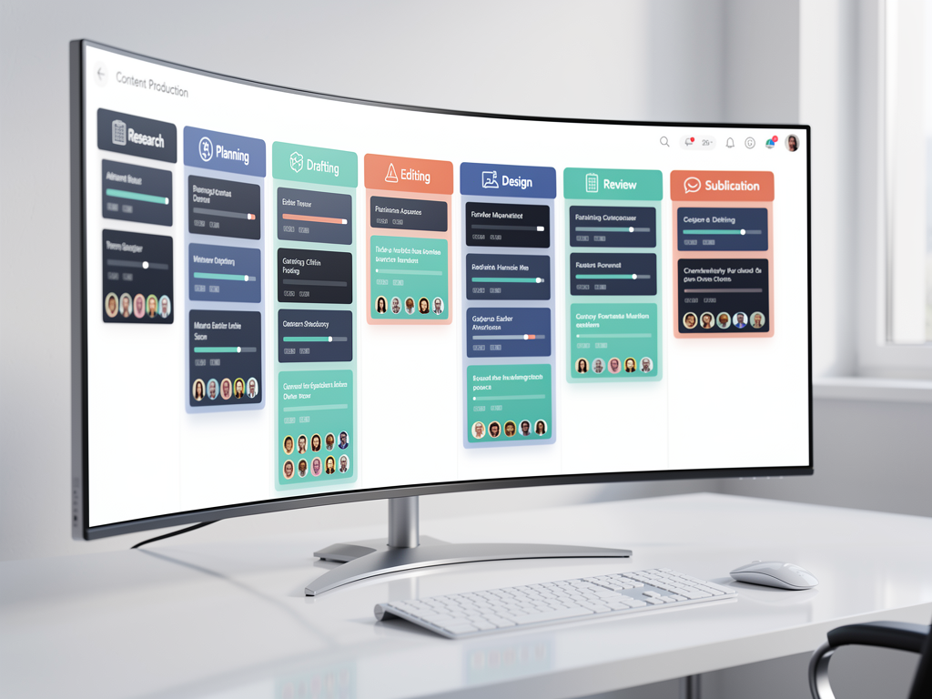 Project management dashboard showing content production pipeline with multiple articles in various stages from research through published, displaying status indicators, deadlines, and team assignments in a kanban-style interface
