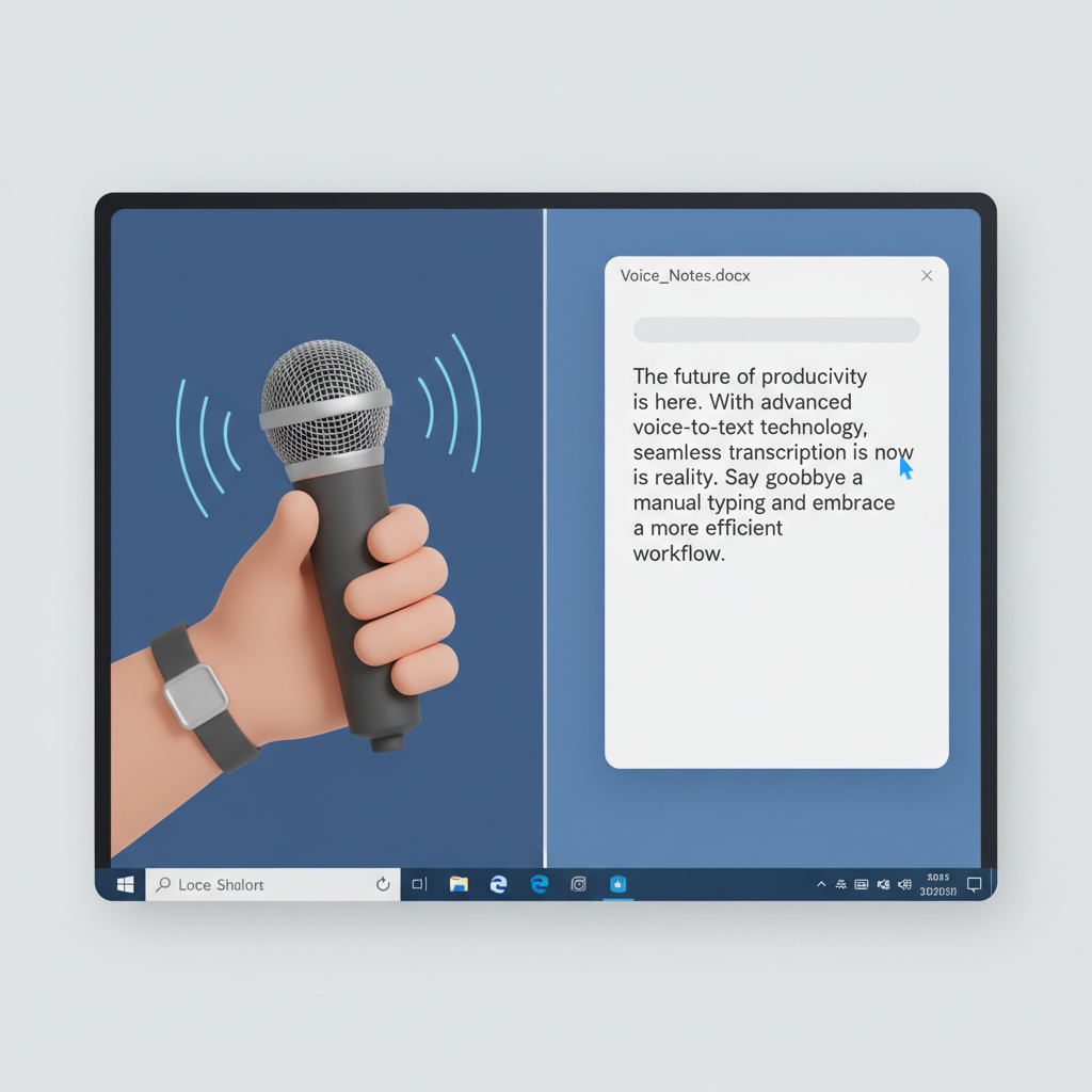A split screen showing a user dictating text into a microphone on one side and the AI transcribing it accurately into a document on the other, highlighting the efficiency of voice typing