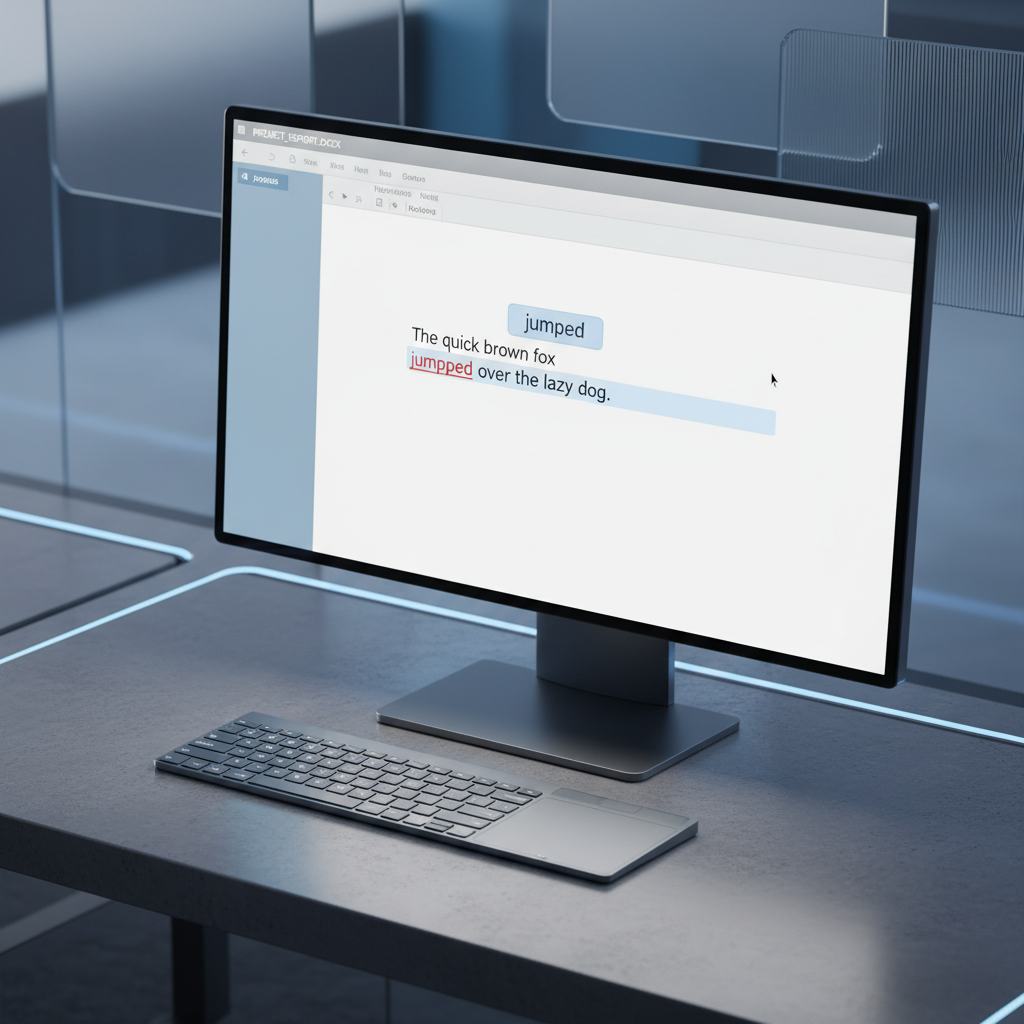 A close-up of a computer screen displaying a document with highlighted text, indicating grammar and spelling errors being corrected in real-time by AutoCorrect PC.