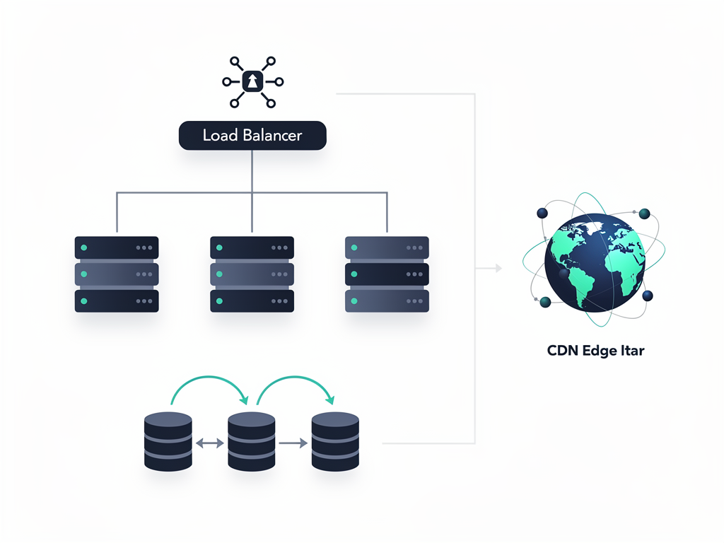 Infrastructure diagram showing self-hosted SaaS architecture with load balancer, application servers, database cluster, and CDN, technical illustration style with icons representing each component, clean lines on white background