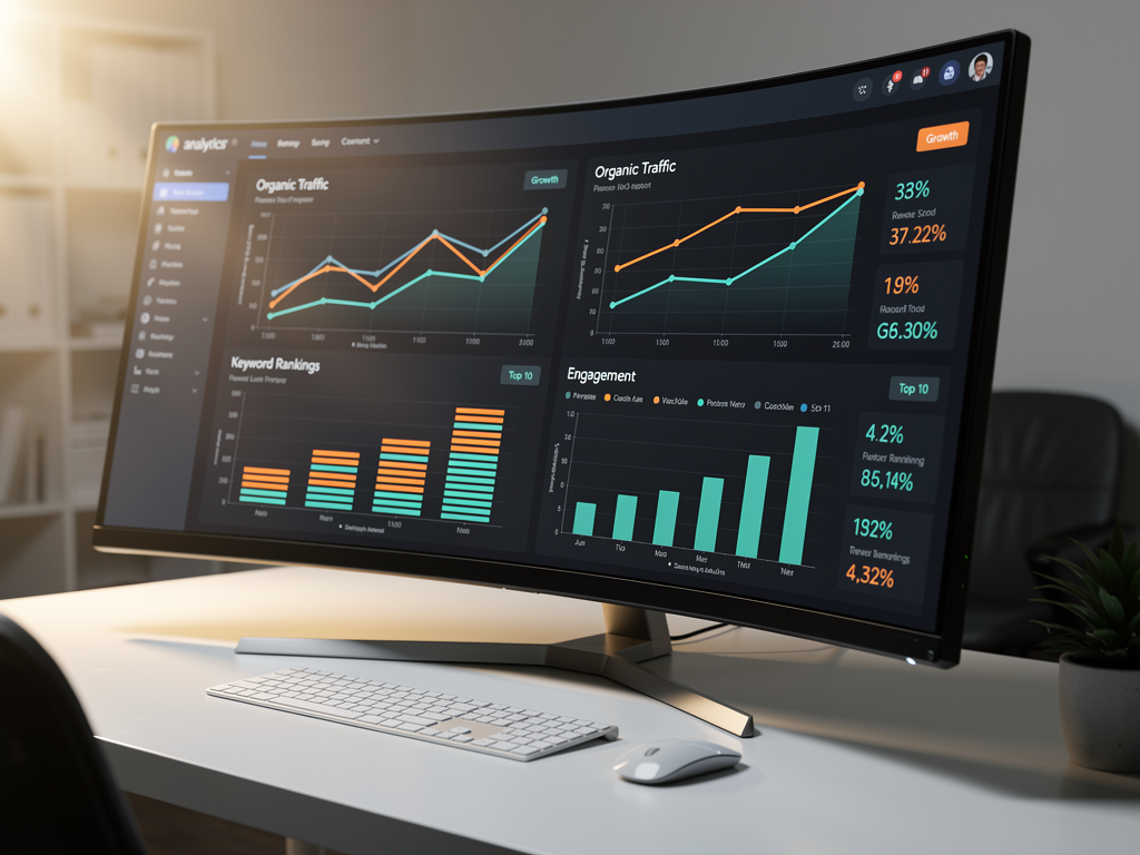 Analytics dashboard displaying content performance metrics including organic traffic growth, keyword rankings, indexing status, backlink acquisition, and engagement metrics with trend lines showing improvement over a six-month period