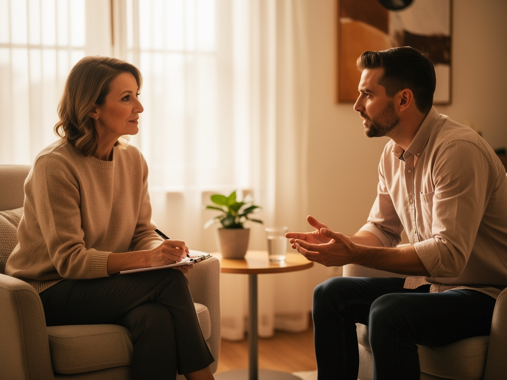 A therapy session in progress showing a compassionate female therapist and a male client sitting in comfortable chairs in a warmly lit consulting room, the therapist holding a notepad whilst the client appears engaged in thoughtful conversation, natural window light creating a safe and professional atmosphere