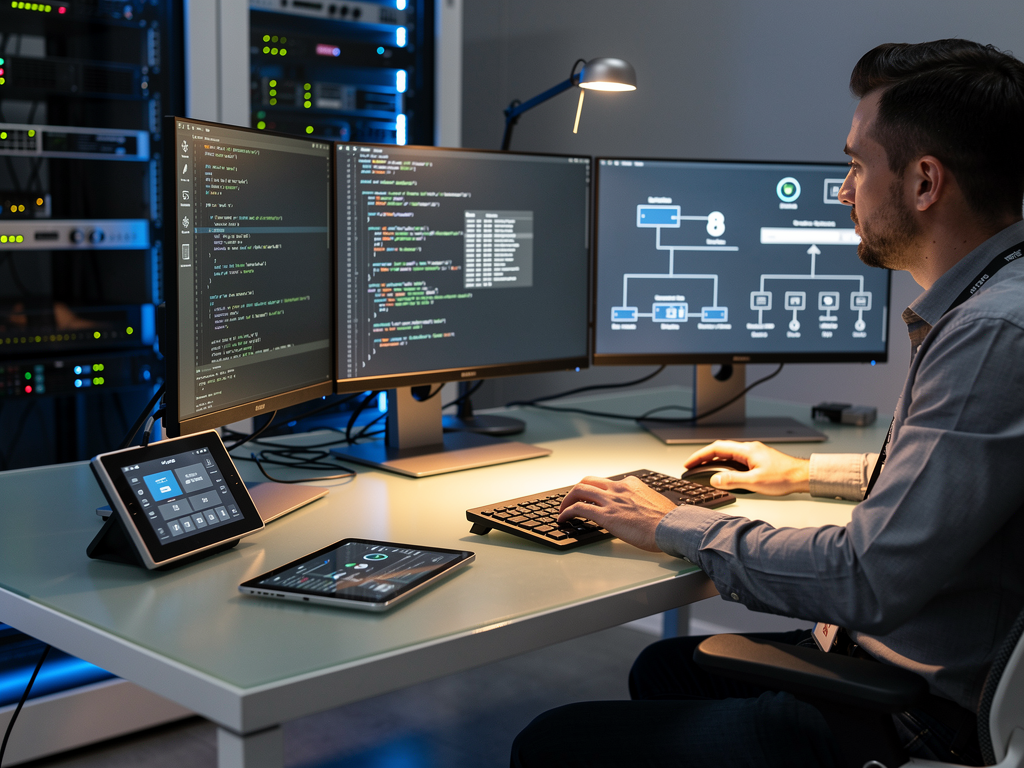A control system programmer working at a multi-monitor workstation displaying code and system diagrams, touch panel interfaces visible on the desk, concentrated work environment with task lighting