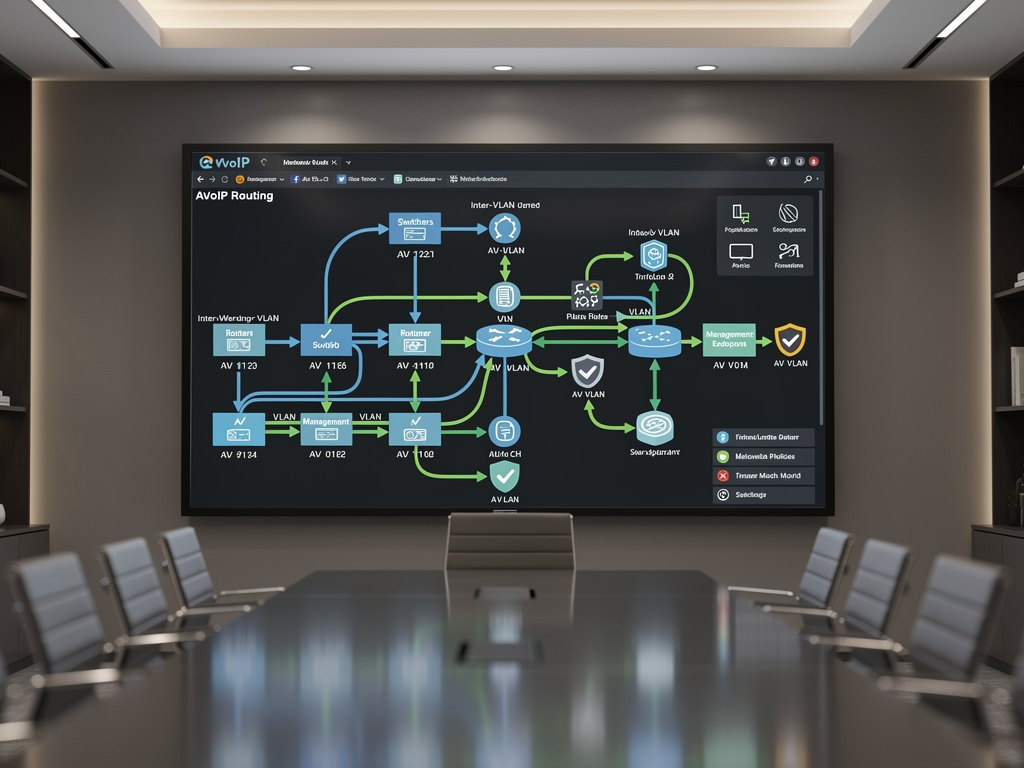 Network diagram displayed on a large touchscreen showing inter-VLAN routing paths with firewall rules indicated by shield icons, color-coded traffic flows between AV and management VLANs, executive briefing room setting
