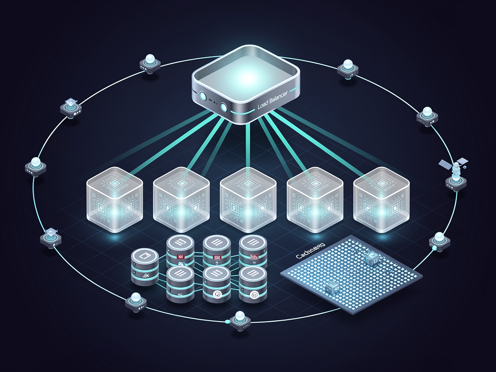 Architectural diagram showing horizontal scaling of multi-tenant application with load balancer distributing traffic across multiple application server instances, connected to database cluster with read replicas, caching layer, and CDN for static assets