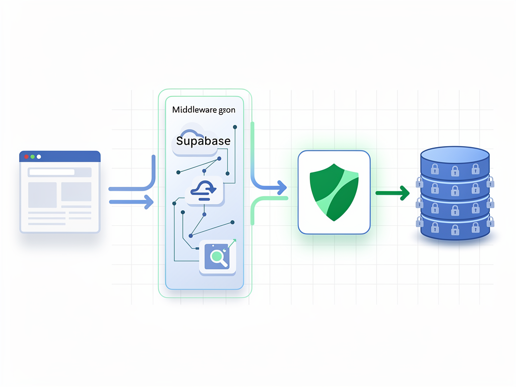 Architectural diagram showing the flow of authentication requests in a multi-tenant Next.js application, with arrows connecting user browsers to middleware layer, then to Supabase Auth service, and finally to PostgreSQL database with RLS policies, all rendered in a clean technical illustration style with blue and green accent colors
