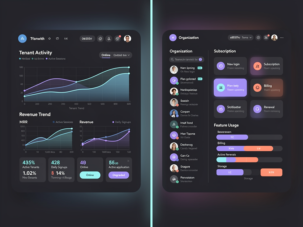 Side-by-side comparison of admin dashboard interfaces: NextBuilder showing real-time analytics with tenant activity graphs, revenue metrics, and active app counts on the left; MakerKit displaying organization-focused metrics with team member activity, subscription status, and usage statistics on the right