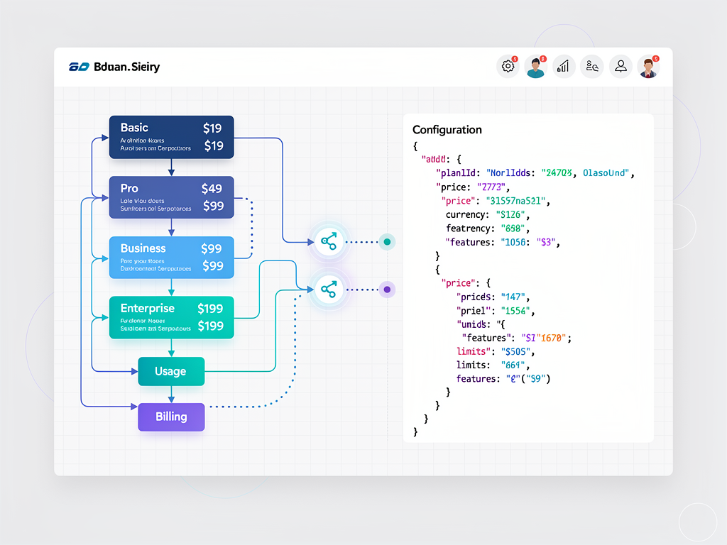 Dashboard interface showing a dynamically generated flowchart on the left displaying subscription tiers with pricing, connected to a data panel on the right showing the JSON configuration that generates the diagram, demonstrating real-time synchronization between data and visualization