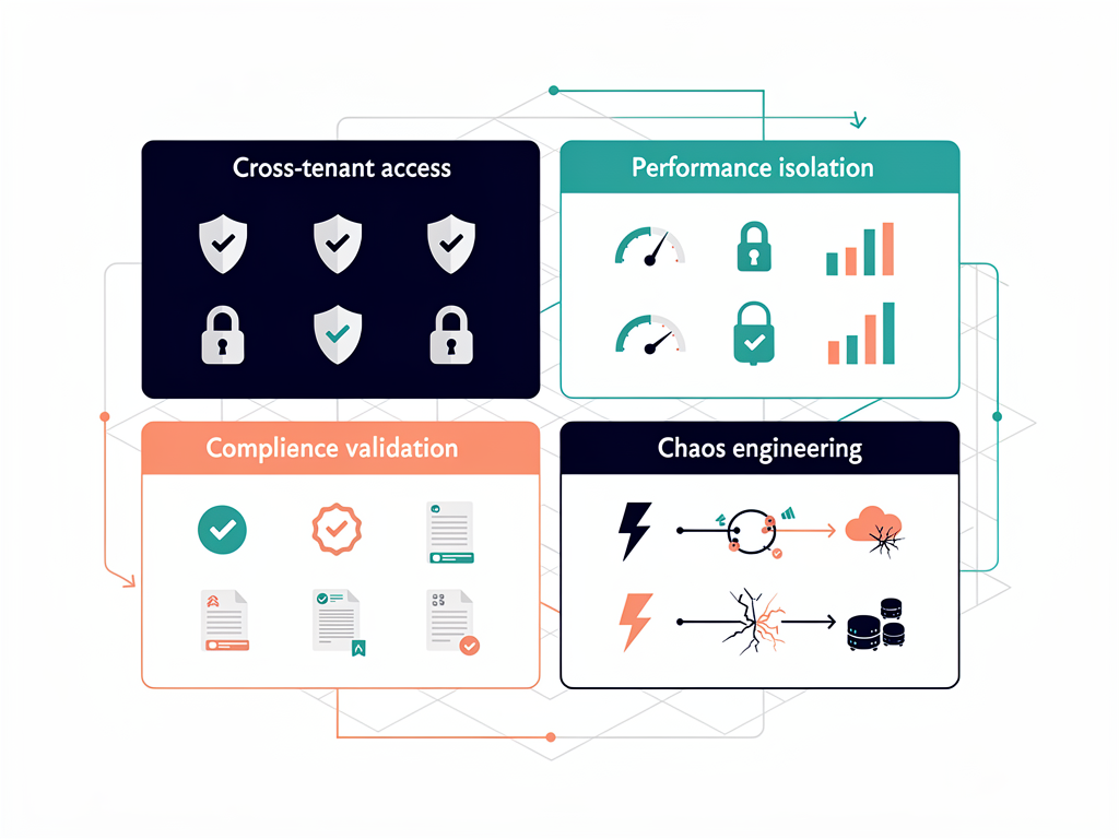 Test matrix showing different types of multi-tenant isolation tests including cross-tenant access tests, performance isolation tests, compliance validation tests, and chaos engineering scenarios, organized in a grid with test categories and specific test cases