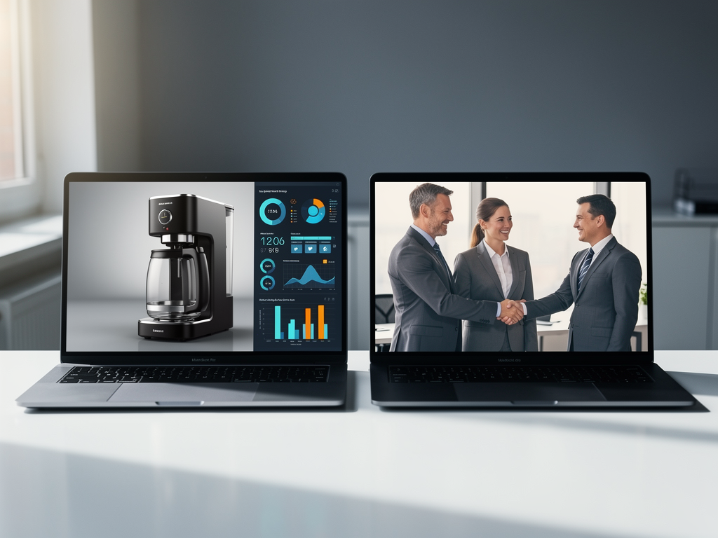 Split-screen comparison showing AI-generated blog images on left side featuring product photography and infographics, versus generic stock photos on right side, demonstrating quality difference in modern content automation