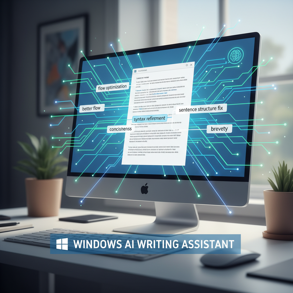 A stylized representation of artificial intelligence neural networks analyzing text on a screen, with grammar corrections highlighted, symbolizing advanced AI-powered writing assistance.