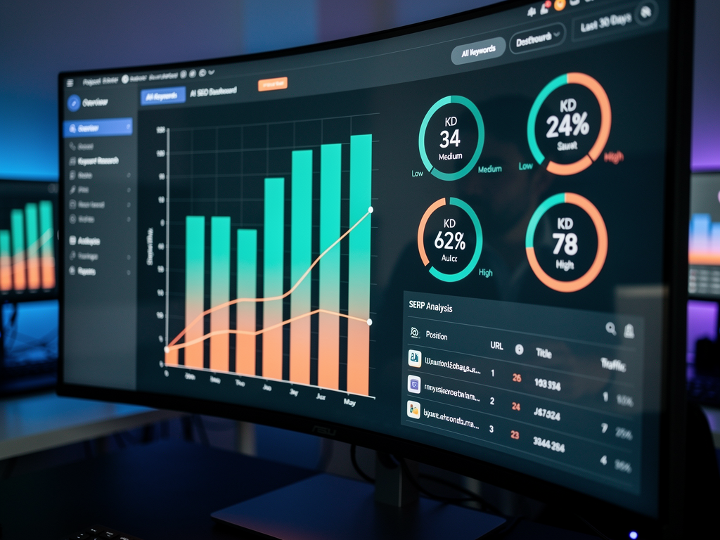 Close-up view of keyword research dashboard displaying search volume trends, difficulty scores, and SERP analysis with colorful data visualizations and filtering options on a high-resolution display
