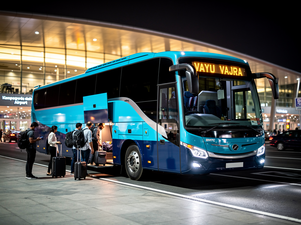 A BMTC Vayu Vajra Volvo airport coach at night, illuminated under bright terminal lights at Kempegowda International Airport, with the modern airport terminal building visible in the background, passengers disembarking with their luggage