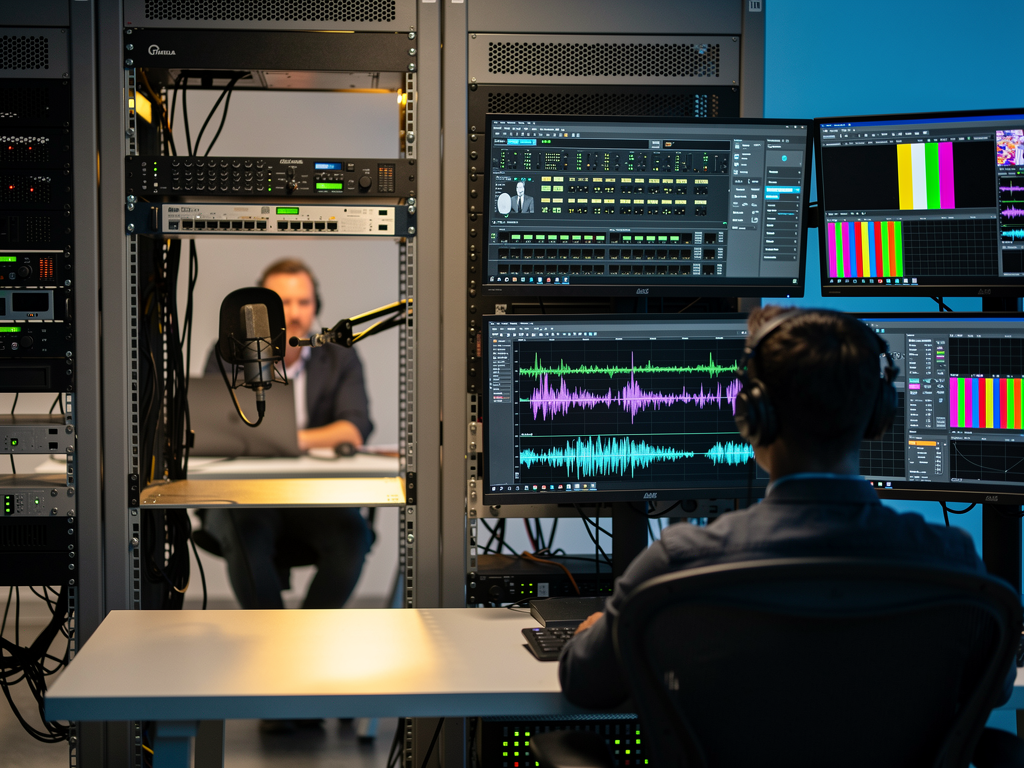 Professional video production setup showing a presenter speaking into a microphone while a technician monitors audio waveforms and video signals on calibration equipment, ensuring perfect synchronization between audio and video streams