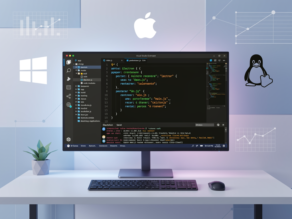 Clean developer workspace screenshot showing Visual Studio Code with an Electron project open, terminal window displaying npm commands, and the Electron Forge configuration file visible, modern dark theme with syntax highlighting and project file structure in sidebar