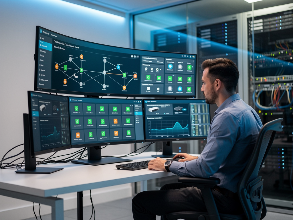 System administrator viewing enterprise AVoIP management dashboard on ultrawide monitor displaying device health status, network topology, and alert notifications in a modern IT office with ambient lighting