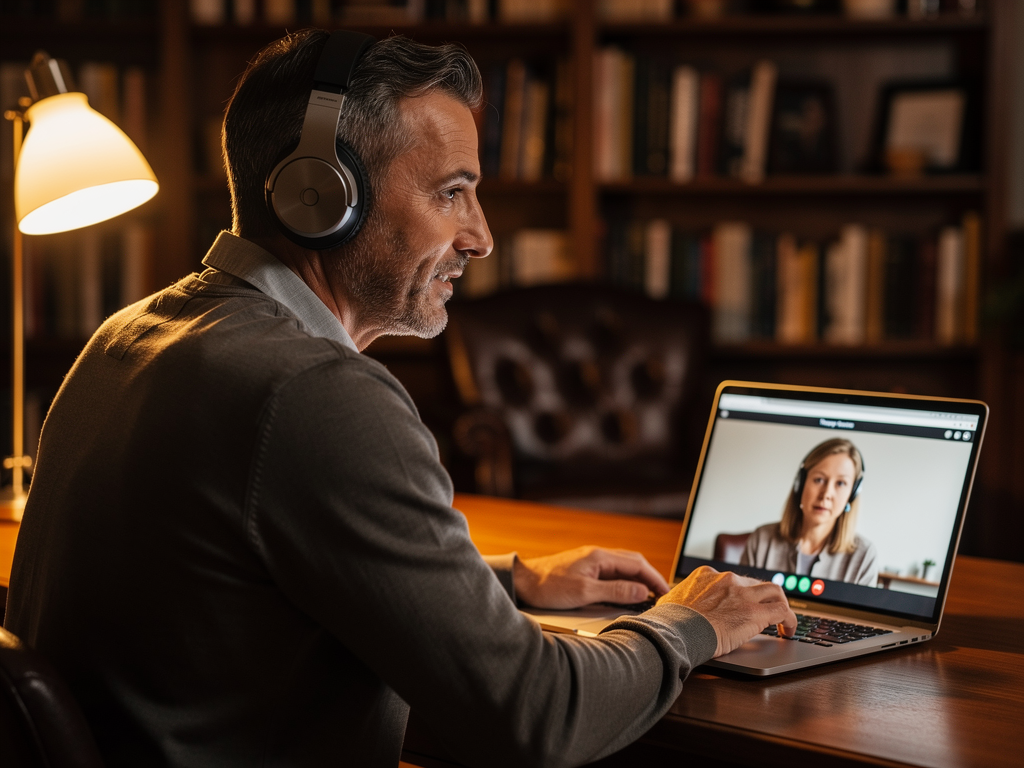 A middle-aged man wearing headphones participating in a video therapy session on his laptop, sitting in a comfortable home study with warm lamp lighting, his expression engaged and thoughtful as he speaks to his therapist visible on the screen, conveying the accessibility and intimacy of online mental health support