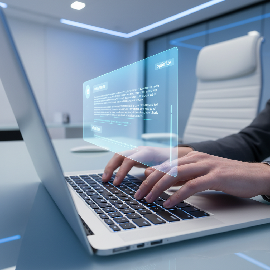 A close-up, high-angle shot of a pair of hands typing on a modern, illuminated laptop keyboard, with a holographic, translucent user interface displaying predictive text suggestions and grammar corrections floating above the screen, set in a clean, contemporary office environment, emphasizing efficiency and precision, with a cool blue and white color palette, in a photorealistic editorial photograph style.