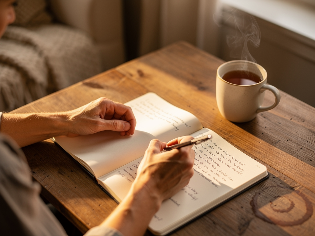 Close-up of hands writing in a therapy journal on a wooden desk, with a cup of tea nearby, natural daylight streaming through a window, capturing a moment of personal reflection and cognitive restructuring work during CBT homework practice