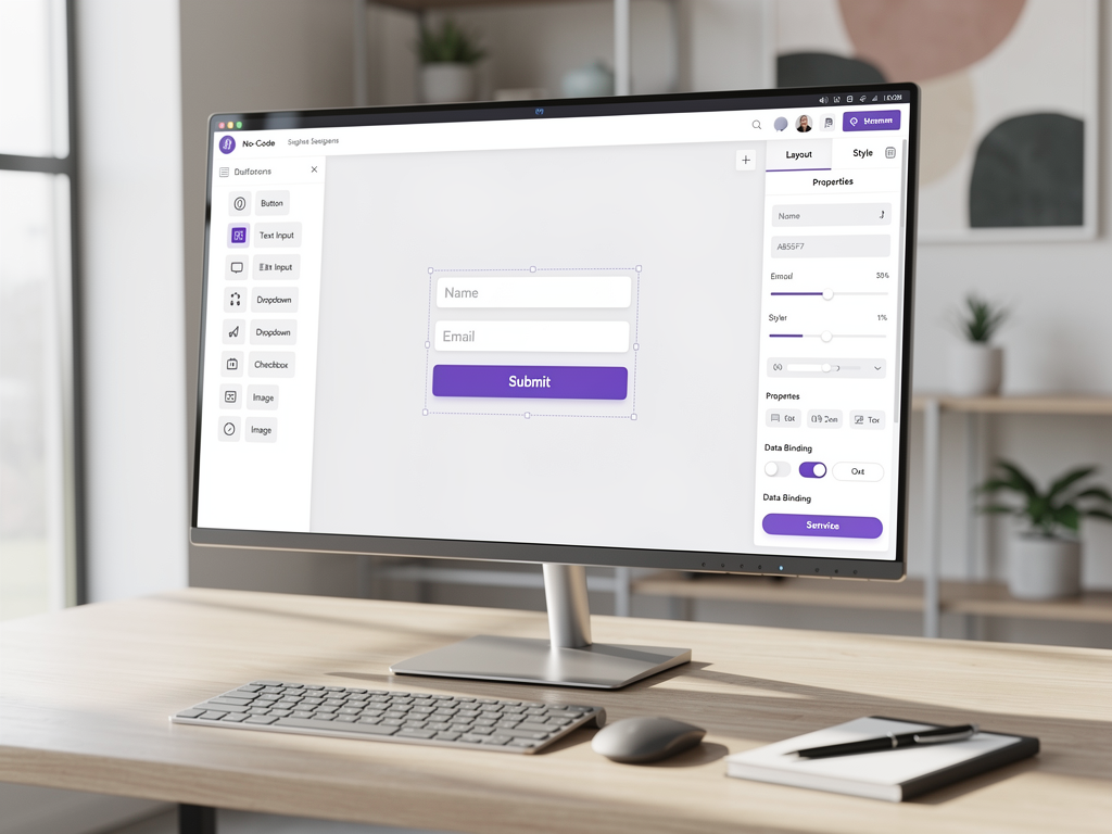 No-code platform builder interface showing a drag-and-drop application designer with component palette on the left, canvas in the center displaying a form builder, and properties panel on the right, modern clean UI with purple accent colors