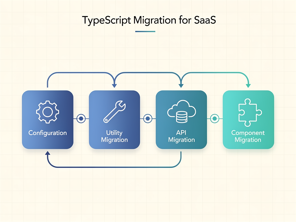 Flowchart showing a phased TypeScript migration strategy for SaaS applications, with stages for configuration, utility migration, API migration, and component migration, using clean arrows and milestone indicators