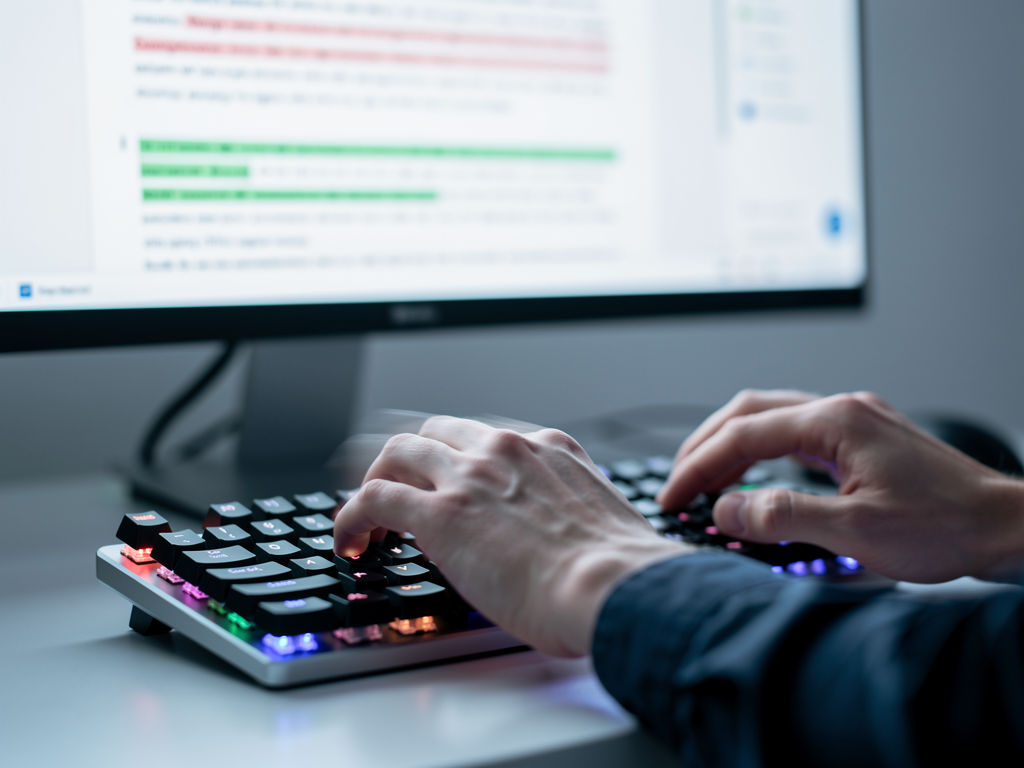 Close-up of a user's hands typing rapidly on a modern mechanical keyboard, with a blurred screen in the background displaying text being corrected in real-time by a writing assistant.