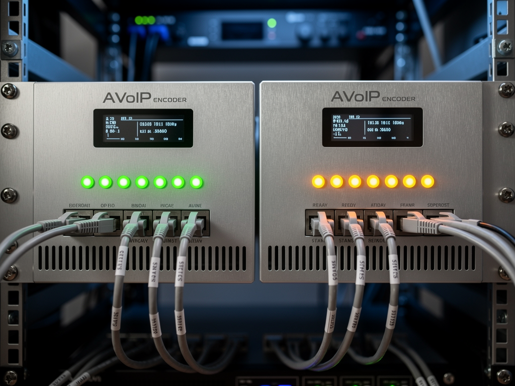 Two identical AVoIP encoder units mounted in a professional rack enclosure, LED status indicators glowing green on primary unit and amber on standby unit, clean cable management with redundant network connections visible, professional broadcast facility environment