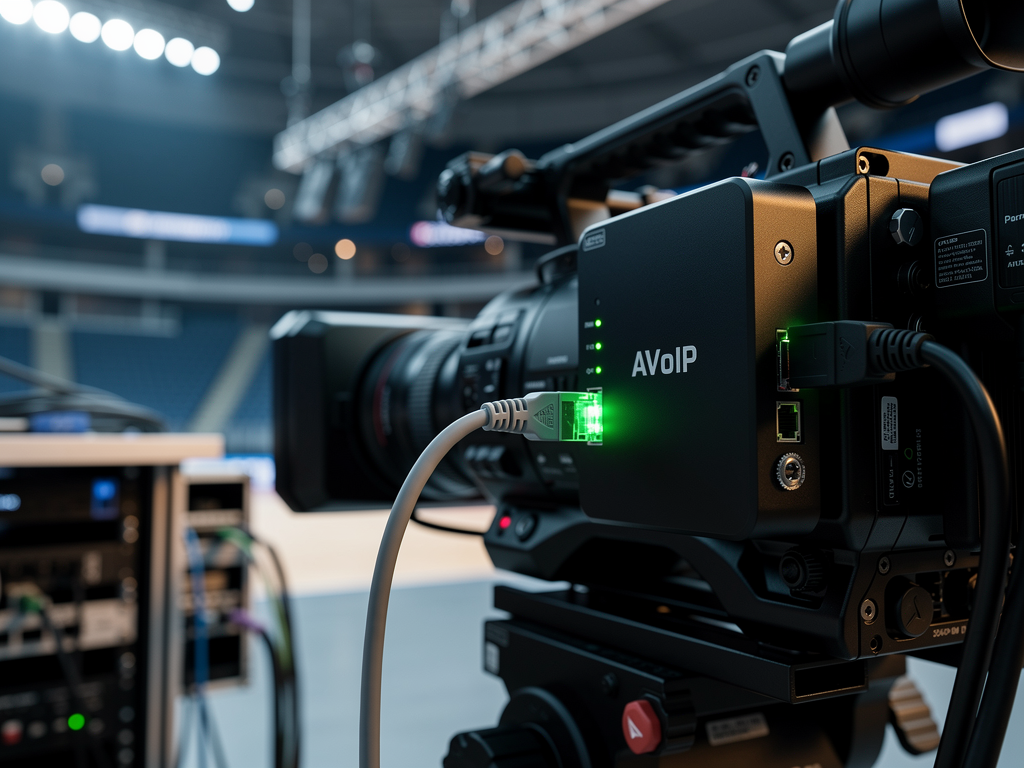 A modern AVoIP encoder mounted on a professional broadcast camera in a sports arena, with LED status indicators glowing green. The compact device connects via a single network cable to the venue infrastructure, demonstrating the streamlined approach to signal distribution.