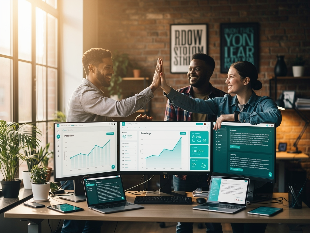 A successful content marketing team celebrating results on analytics dashboard, high-fiving and smiling, modern office environment with motivational posters, warm collaborative atmosphere, screens showing upward trending graphs and improved rankings