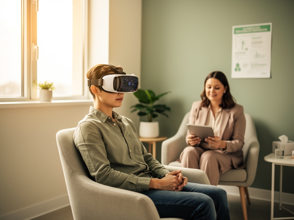 A person wearing a virtual reality headset in a clinical setting, with a therapist nearby monitoring their progress on a tablet, demonstrating modern technological approaches to anxiety treatment in a professional healthcare environment