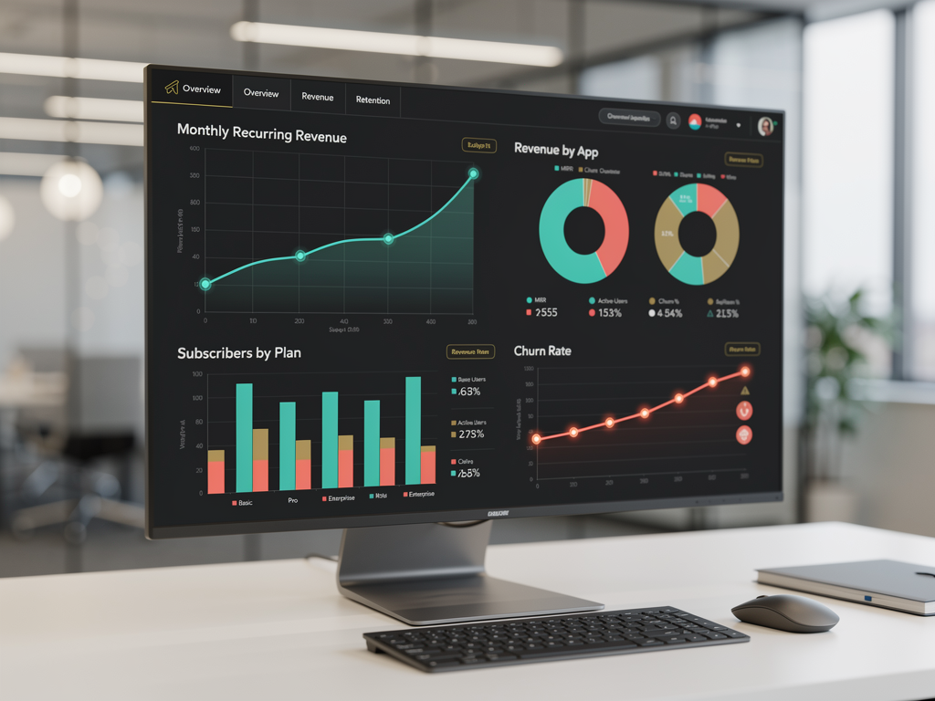 Dashboard interface showing monetization analytics with charts displaying monthly recurring revenue, subscriber counts by tier, churn rate trends, and a breakdown of revenue by client application, using a professional dark theme with accent colors for data visualization