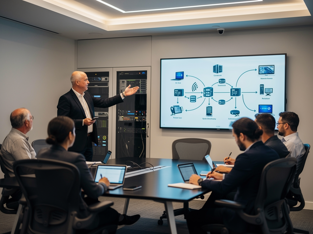 A training session in progress with AV professionals learning about secure AVoIP deployment, instructor pointing to network architecture diagram on screen, engaged participants taking notes in a modern classroom setting