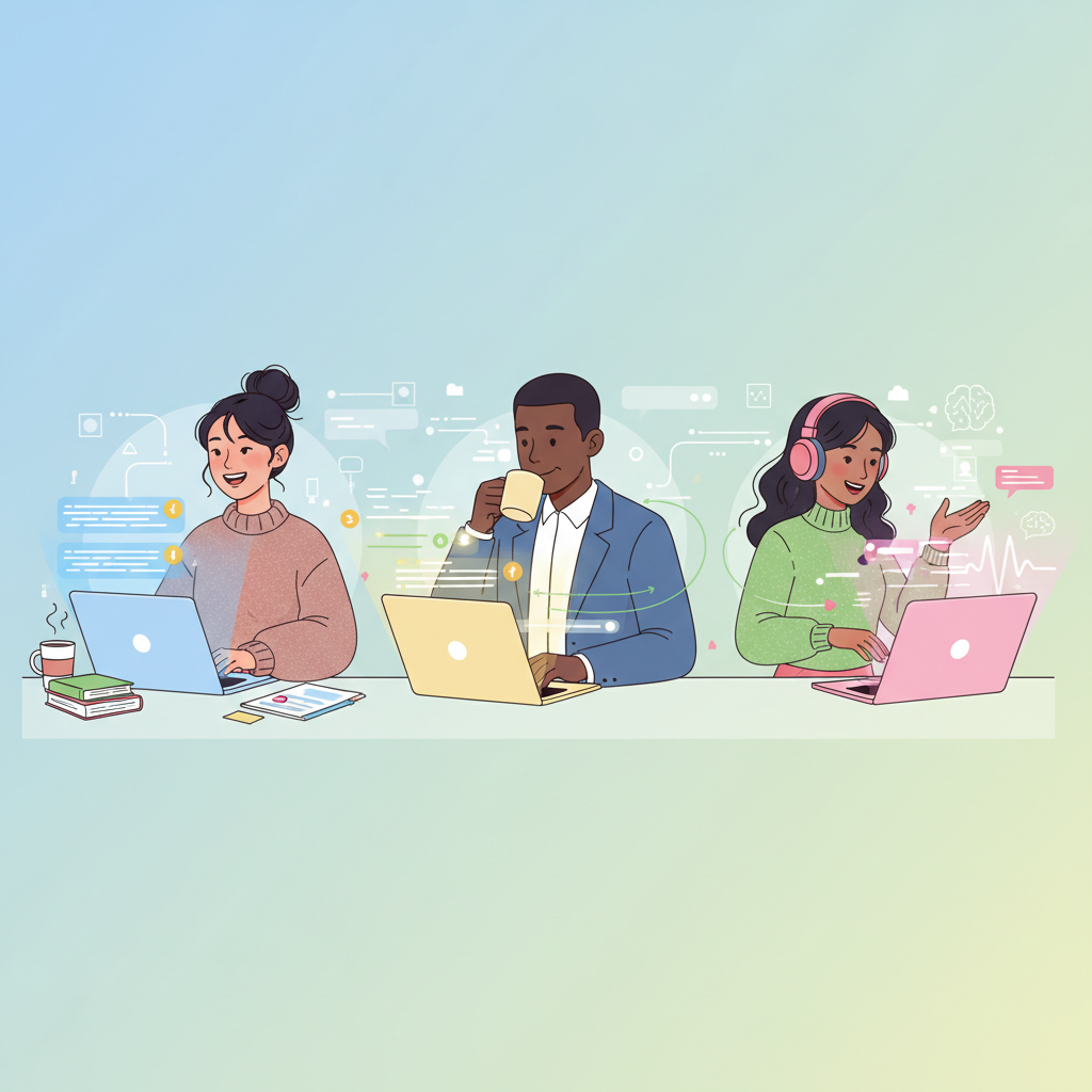 A diverse group of individuals, including a student, a business professional, and a content creator, all happily using laptops with AutoCorrect PC's features visibly enhancing their writing experience.