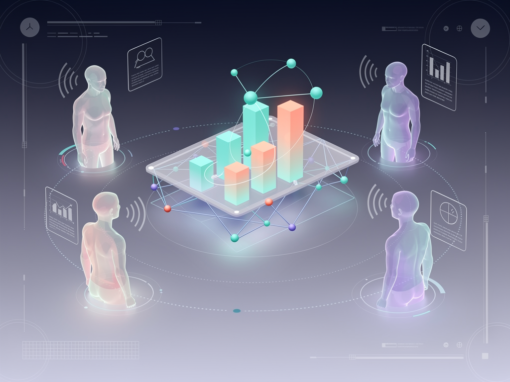 Futuristic concept illustration showing a collaborative data visualization session with multiple user avatars interacting with a shared 3D chart in a virtual environment, featuring annotation tools, voice chat indicators, and synchronized view controls, rendered in a clean modern style suggesting near-future technology