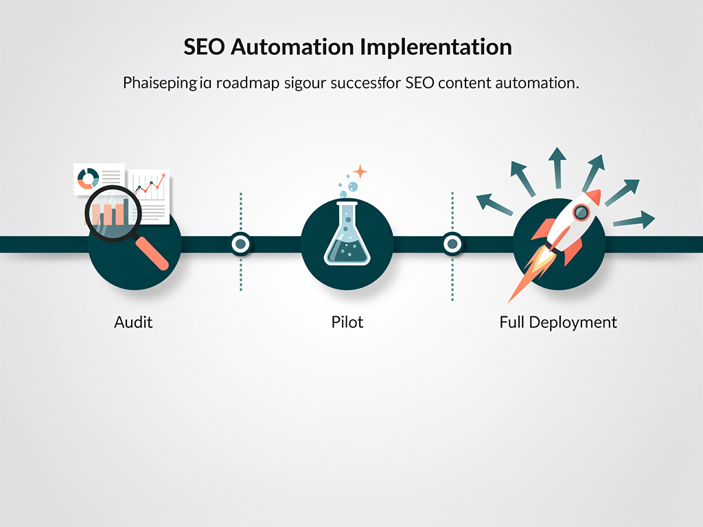 Step-by-step implementation roadmap graphic showing progression from audit through pilot to full deployment of SEO automation, with timeline markers and key milestones highlighted at each phase