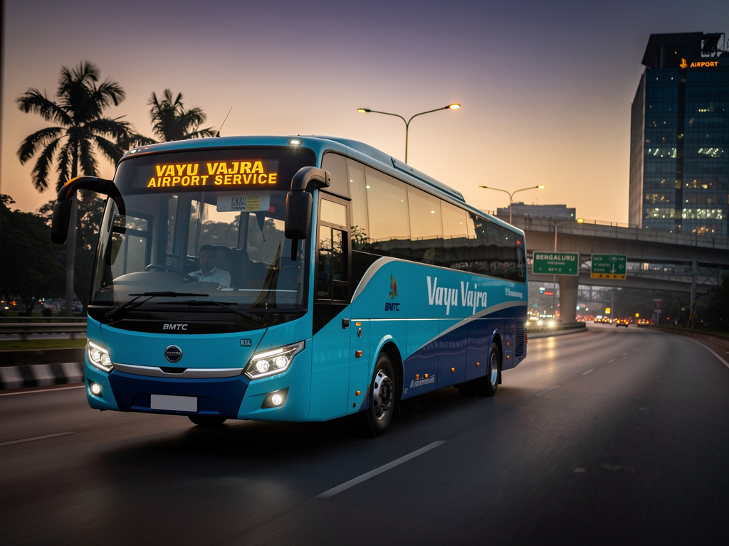 A Vayu Vajra bus traveling on a wide Bangalore highway during evening hours, the amber LED destination display showing airport information, streetlights beginning to glow, the bus's large black-tinted windows reflecting the fading daylight