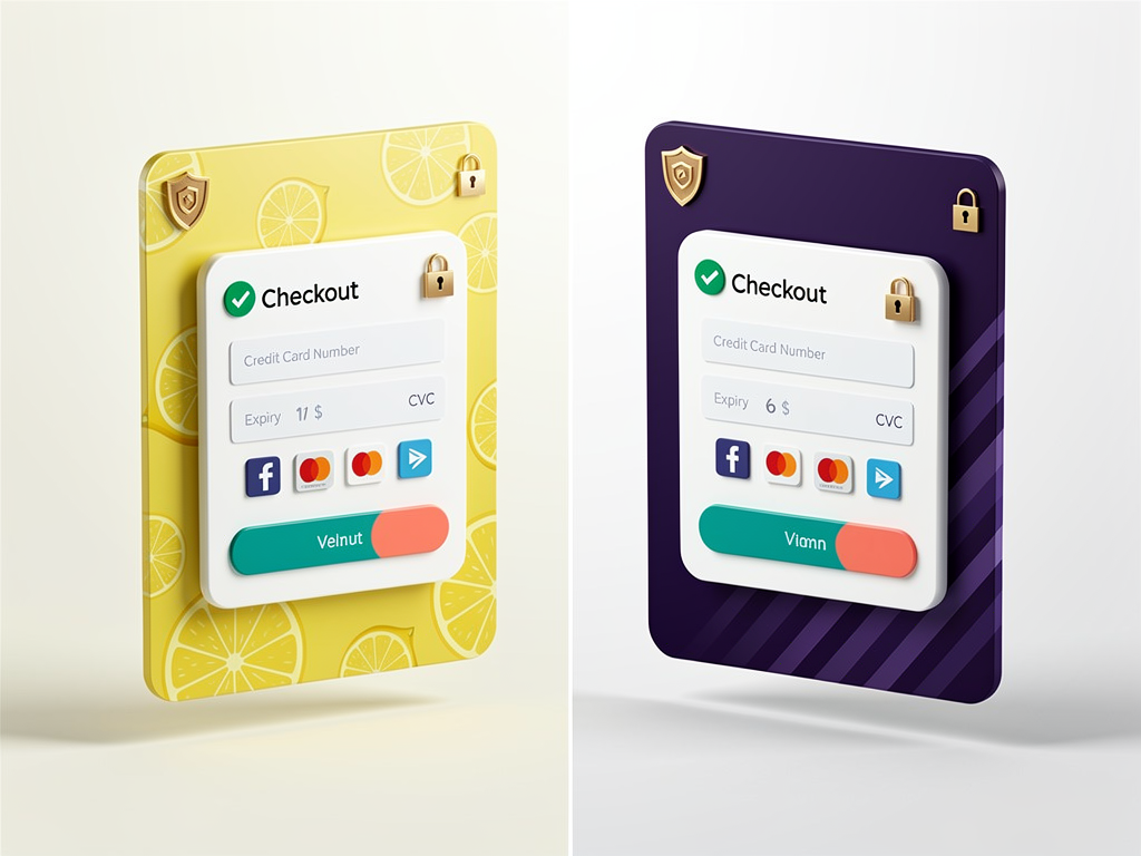Mobile and desktop checkout page comparison showing optimized payment form with multiple payment method options including credit card, PayPal, and Apple Pay, featuring trust badges, security indicators, and clean minimal design with high contrast call-to-action buttons