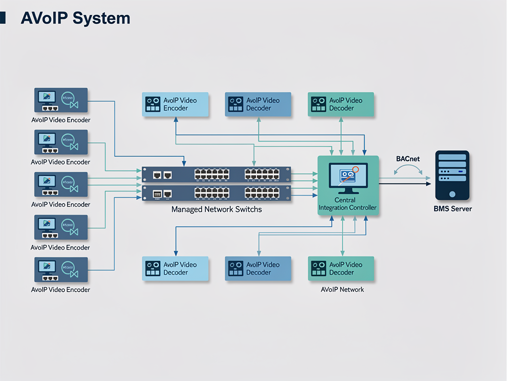 Technical diagram showing network architecture with AVoIP encoders and decoders connected through managed switches to a central controller, which bridges to a BMS server using BACnet protocol, rendered in clean corporate presentation style with labeled components