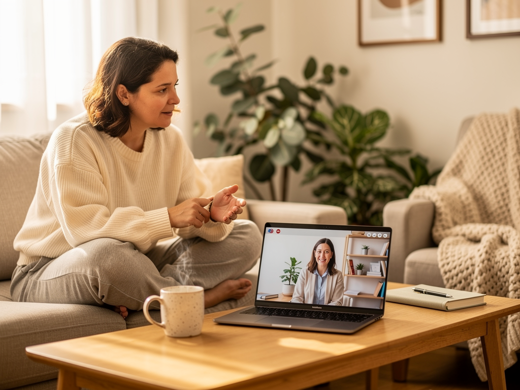 A person using a laptop at home, participating in an online therapy session via video call, with a cup of tea nearby and comfortable home surroundings visible in soft natural light